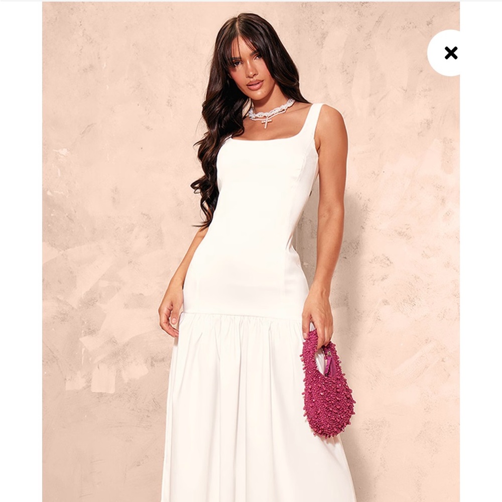 Cream Stretch Woven Puff Hem Midi Dress US Size 2